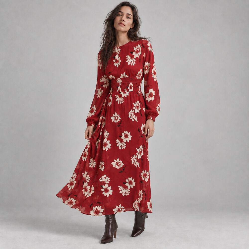 Reformation Virginia Midi Dress Womens 10 Red Floral Long Sleeve Holiday Party